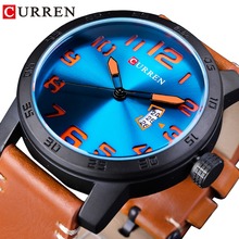 CURREN-Reloj de pulsera deportivo para hombre, cronógrafo de cuarzo, con correa de cuero genuino, color azul, esfera oceánica 3D, color marrón, marca superior de lujo 2024 - compra barato