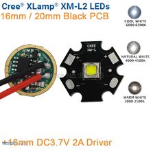 Cree xm-l t6 branco frio 6500k, luz quente e branca 4500k, emissor de led 16mm, 20mm, preto, pcb + dc3.7v 2a, 16mm