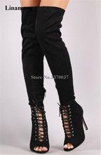 New Fashion Women Black Suede Leather Thin Heel Over Knee Gladiator Boots Lace-up Cut-out Long High Heel Boots Club Dress Boots 2024 - buy cheap