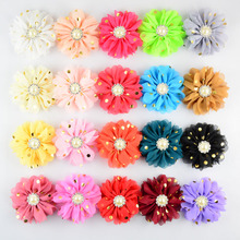 20C 3.15 inch Hot New Kids Golden Dots Chiffon Flowers 20pcs/lot  Alloy Centre Flowers WITHOUT CLIP For girls Headwear TH09 2024 - buy cheap