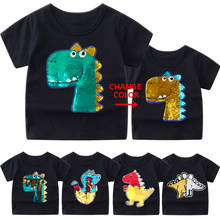 Camiseta de algodón para bebés y niños, Tops de dibujos animados con lentejuelas, dinosaurio, prendas de vestir, ropa para niños de 2 a 12 años 2024 - compra barato