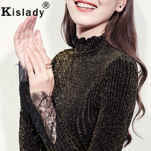 Kislady 2020 New Spring Autumn Elegant Shining Silk T Shirt Lace Patchwork Women Long Sleeve Tops Plus Size Korean Clothes XXXL 2024 - buy cheap
