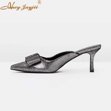 Nancyjayjii Grey Sequined Cloth Butterfly-knot Solid Women Mules 2022 Spring Pointed Toe Stiletto Heel Leisure Slip on Shoes 2024 - buy cheap