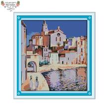 Joy Sunday Port Of Algiers Home Decoration F453 14CT 11CT Counted Stamped Seaside House Needlepoint Embroidery Cross Stitch kits 2024 - buy cheap