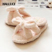 New Home Slippers Shoes women Flip-flops Bedroom Non-slip Cute Bow Soft Furry Casual Short Plush Flock Women Shoes Slippers  2024 - buy cheap