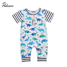 2018 Brand New Dinosaur Romper 0-24 M Bebê Recém-nascido Da Menina do Menino de Manga Curta Listrada Dos Desenhos Animados Longo Macacão Playsuit Roupas de retalhos 2024 - compre barato