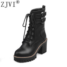 ZJVI Women Fashion Cross Tied Mid Calf Boots Womens Winter Autumn Boots 2021 Woman Square High Heels Ladies Black Casual Shoes 2024 - buy cheap