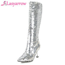 Lasyarrow Autumn Winter High Heels Sexy Knee High Boots Gold Silver Knight Boots Glitter Bling Bling Women Nightclub Boots F304 2024 - buy cheap