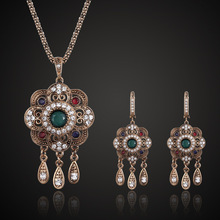 zlxgirl Fashion Women's Turkish Necklace Earring Jewelry sets Green Flower Pendant Vintage Princess Hooks Long Pendantes 2024 - buy cheap
