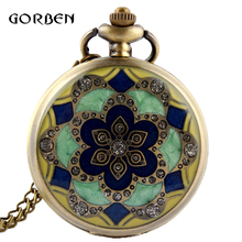 Flower Enamel Green Jade Crystal Retro Quartz Pocket Watch Metal Necklace Pendant Chain Fashion Womens Clock relogio de bolso 2024 - buy cheap