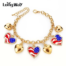 LongWay-Pulseras con colgante de corazón y bandera de Estados Unidos, brazaletes de cadena de eslabones de Color dorado, Gema de cristal a la moda, regalo de joyería, Sbr150374103 2024 - compra barato