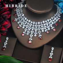 HIBRIDE Luxury Red Water Drop Cubic Zirconia Jewelry Set For Bride Flower Shape Necklace Set Wedding Accessories Wholesale N-497 2024 - buy cheap