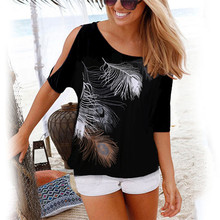 Women Summer 2020 Tshirt Casual Short Sleeve Tops Tees Sexy Off Shoulder Feather Print T-Shirt O-neck Loose Plus Size 5XL Shirts 2024 - buy cheap