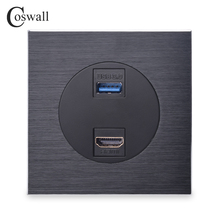 Coswall-Panel de aluminio de color negro/plateado y gris, enchufe de pared de Metal, HDMI, compatible con 2,0 y conector USB 3,0, hembra a hembra 2024 - compra barato