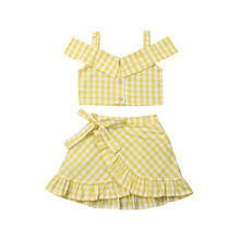 Клетчатая Одежда для маленьких девочек 1-5 лет, жилет, укороченный топ + юбка, платье, летний комплект одежды 2024 - купить недорого