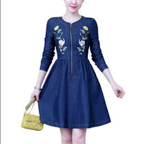 2018 Spring Summer Denim Dress O-Neck Long Sleeve Floral Embroidery Slim Jeans Dresses A-Line Party Robe Female Dress Vestidos 2024 - buy cheap