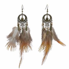 Pendientes colgantes de plumas marrones para mujer, aretes étnicos bohemios, Tribal, indio, regalo de joyería para fiesta y Festival 2024 - compra barato