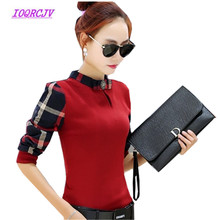 Spring and autumn T-shirt Women Long Sleeve Collar tshirt Fashion Casual tops Plaid stitching Plus size Bottoming Top B109 2024 - buy cheap