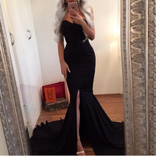 Black Strapless Split Leg Evening Gown Dress Wedding Party Robe Prom Dress Padded Stretch Floor Length Dress 2024 - buy cheap