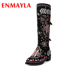 ENMAYLA National Style Leather Embroidered Shoes Woman Buckle Motorcycle Boots Women Low Heel Round Toe Winter Knee High Boots 2024 - buy cheap