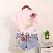 2019 Women Summer Beads Embroidered Three-dimensional Flower Cotton T-shirt + Denim Shorts Two-piece Sets Female Hot Jeas Suit 2024 - buy cheap