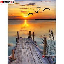 Kexinzu pintura diamante pôr do sol pássaro pier circular cheia diamante bordado diy 5d diamante decoração para casa k00445 2024 - compre barato