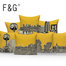 Nórdico scenic capa de almofada amarelo decorativo linho praça lance travesseiros gasto a vista da cidade casa decoração travesseiro capa 2024 - compre barato