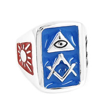 Illuminati-anillo masónico con símbolo de ojo de pirámide, joyería de acero inoxidable, regla de mampostería azul, sol, Luna, estrella, Mason, anillo de motorista R0442BA 2024 - compra barato