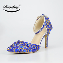 BaoYaFang Womens wedding shoes Summer Female Party Sandals Royal Blue crystal ankle strap shoes woman Pointed toe High shoes 2024 - buy cheap