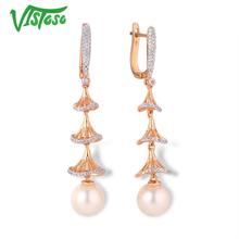 VISTOSO Pure 14K 585 Rose Gold Sparkling Diamond Elegant Fresh Water Pearl Earrings For Women Unique Trendy Wedding Fine Jewelry 2024 - buy cheap