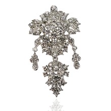 3" Vintage Style Rhodium Silver Tone Clear Rhinestone Crystal Diamante Drop Brooch Classic 2024 - buy cheap