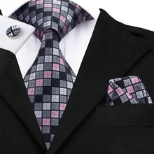 Conjunto com gravata, lenço e abotoaduras, gravata preta, rosa, cinza xadrez, seda 100%, masculina, formal, festa de casamento, noivado 2024 - compre barato