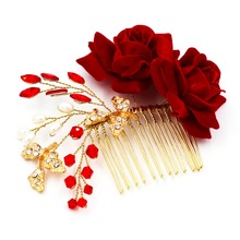 SLBRIDAL Artificial Rose Flower Red Crystal Pearls Leaf Golden Wedding Hair Comb Bridal Hair Accessories Bridesmaids Headpiece 2024 - buy cheap