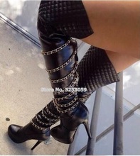 ALMUDENA Sexy Over The Knee Black Platform Chain Boots Stiletto Heels Metal Decoration Thigh High Boots Gladiator Long High Boot 2024 - buy cheap
