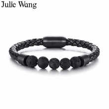 Juta wang pulseira de couro masculina, pulseira de couro preto de alta qualidade + pedras de lava, contas de aço inoxidável, fecho magnético, joias, pulseira de moda 2024 - compre barato