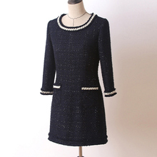 Navy Blue Tweed dress 2020 Spring / Autumn Women's dress Handmade beaded sleeve OL Office dress 2024 - buy cheap