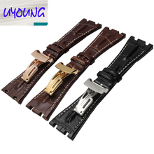 Pulseira de couro genuíno de alta qualidade, 28mm, masculina, desenvolvimento em aço, fecho para relógio rosa e ouro 2024 - compre barato
