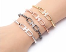 Pulsera de cuentas de cobre con Circonia cúbica para mujer, brazaletes trenzados con letras H, micro pavé de oro y plata, cuerda ajustada, tn4r3 2024 - compra barato