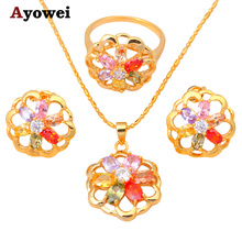Gold tone Earring Necklaces Rings Jewelry Set  Zircon Color Crystal Nickel & Lead free Sz #6.75 #7.75 #8 #9 #7 JS078A 2024 - buy cheap