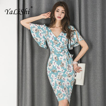 2018 Summer Print Pencil Dress Women Blue Short Butterfly Sleeve V-neck Midi Dress Casual Office Floral Elegant Party Dresses 2024 - buy cheap