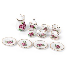 Conjunto de chá de porcelana em miniatura para casa de bonecas, 15 peças com prato de rosa chinês, brinquedos para cozinha 2024 - compre barato