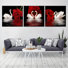 Cuadro en lienzo para decoración del hogar, pintura al óleo, impresión en HD, 3 paneles, Swans blancos, flores rosas y rojas, Modular 2024 - compra barato