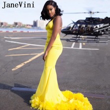 JaneVini Sexy African Mermaid Long Evening Dresses 2019 Spaghetti Straps Feathers Backless Satin Formal Yellow Gown Abendkleider 2024 - buy cheap