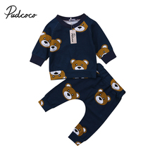 2 предмета, Милая футболка с длинными рукавами и принтом медведя для новорожденных мальчиков и девочек топы, длинные штаны, комплект одежды 2024 - купить недорого