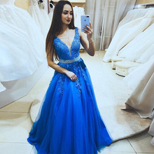 Elegante vestido de graduación con cuello en V, sin mangas, azul real, Formal, para fiesta, Gows con diamantes, fajas, largo hasta el suelo 2024 - compra barato