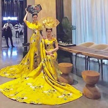 Luxury 3D Print Chinese Evening Dress Satin Cheongsam Embroidery Long Oriental Party Dresses Catwalk Stage Yellow Crane 2024 - buy cheap