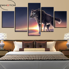 Okhotcn emoldurado hd imprime fotos modulares sala de estar decoração casa 5 peças olhos azuis lobo quadros em tela arte da parede animal cartaz 2024 - compre barato