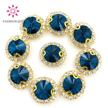 New 10pcs/pack Peacock blue Round shape gold base sew on rhinestones Crystal button wedding decoration diy/clothing accessories 2024 - buy cheap