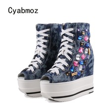 Cyabmoz/Женская обувь, увеличивающая рост; джинсовые женские туфли-лодочки со стразами на платформе и высоком каблуке; обувь для вечеринок; Tenis feminino Zapatos mujer 2024 - купить недорого