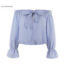 Charmian Autumn Off Shoulder Top Striped Blouse Shirt Lolita Long Flare Sleeve Lace Crop Top Plus Size Women Clothing 2024 - buy cheap
